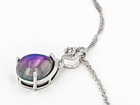 Purple Aurora Moonstone With White Zircon Rhodium Over Sterling Silver Pendant With Chain .05ctw