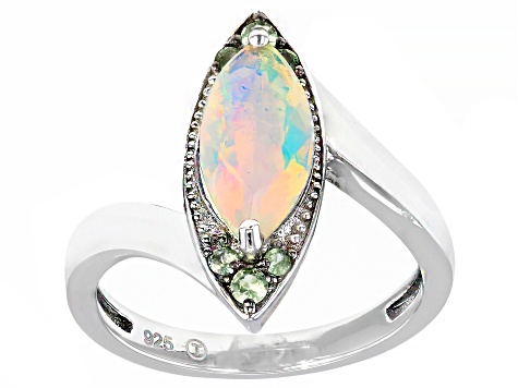 Ethiopian Opal With Tsavorite Rhodium Over Sterling Silver Ring .94ctw