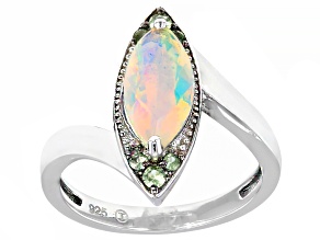 Ethiopian Opal With Tsavorite Rhodium Over Sterling Silver Ring .94ctw