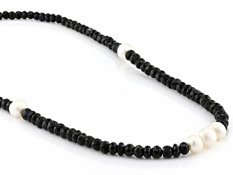 Black Spinel With Cultured Freshwater Pearl Rhodium Over Sterling Silver Necklace