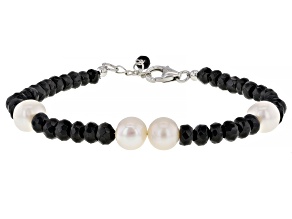 Black Spinel With Cultured Freshwater Pearl Rhodium Over Sterling Silver Bracelet