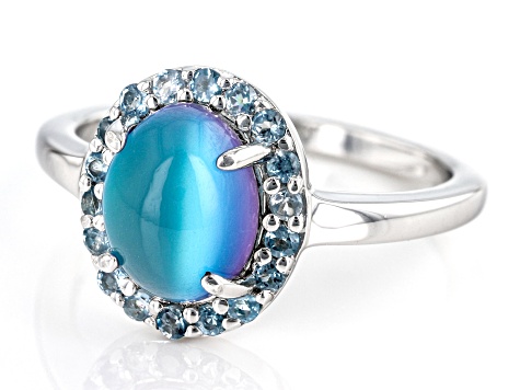Blue Aurora Moonstone Rhodium Over Sterling Silver Ring 0.57ctw