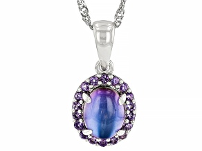 Violet Aurora Moonstone With African Amethyst Rhodium Over Sterling Silver Pendant/Chain .24ctw