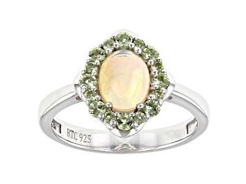 Picture of Ethiopian Opal with Peridot Rhodium Over Sterling Silver Ring .99ctw