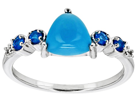 Sleeping Beauty Turquoise, Neon Apatite & White Zircon Rhodium Over Sterling Silver Ring .18ctw