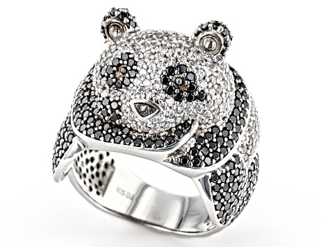 Black Spinel With White Zircon Rhodium Over Sterling Silver Panda Ring 2.97ctw