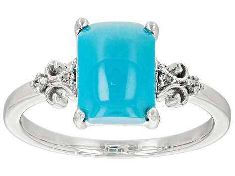 Sleeping Beauty Turquoise With White Zircon Rhodium Over Sterling Silver Ring .03ctw