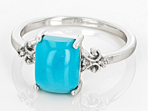 Sleeping Beauty Turquoise With White Zircon Rhodium Over Sterling Silver Ring .03ctw