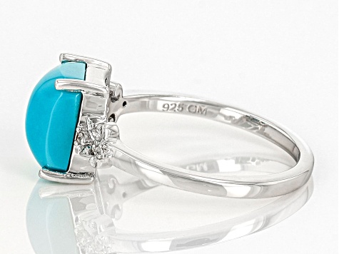 Sleeping Beauty Turquoise With White Zircon Rhodium Over Sterling Silver Ring .03ctw