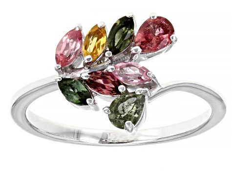 Multi-Tourmaline Rhodium Over Sterling Silver Bypass Ring .75ctw