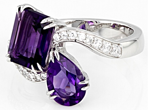 Purple African Amethyst With White Zircon Rhodium Over Sterling Silver Bypass Ring 3.25ctw