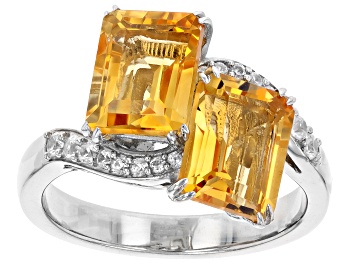 Picture of Yellow Citrine With White Zircon Rhodium Over Sterling Silver Bypass Ring 3.60ctw