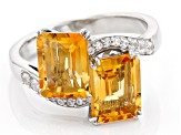 Yellow Citrine With White Zircon Rhodium Over Sterling Silver Bypass Ring 3.60ctw