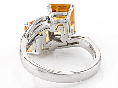 Yellow Citrine With White Zircon Rhodium Over Sterling Silver Bypass Ring 3.60ctw