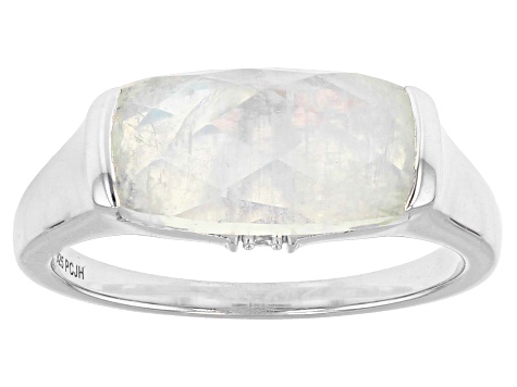 Rainbow Moonstone With White Zircon Rhodium Over Sterling Silver Ring .01ctw