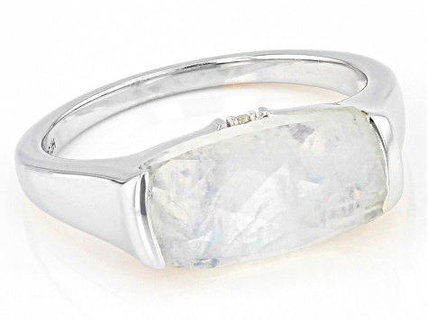 Rainbow Moonstone With White Zircon Rhodium Over Sterling Silver Ring .01ctw