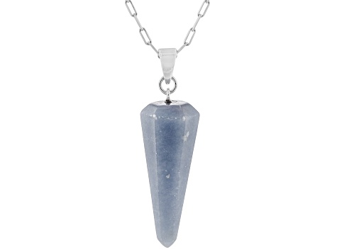 Blue Angelite Rhodium Over Sterling Silver Pendant With Paperclip Chain