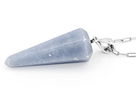 Blue Angelite Rhodium Over Sterling Silver Pendant With Paperclip Chain