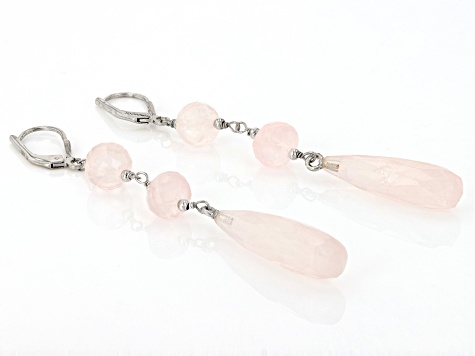 Pink Rose Quartz Rhodium Over Sterling Silver Dangle Earrings
