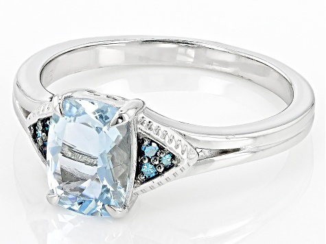 Aquamarine With Blue Diamond Accent Rhodium Over Sterling Silver Ring 1.3ctw