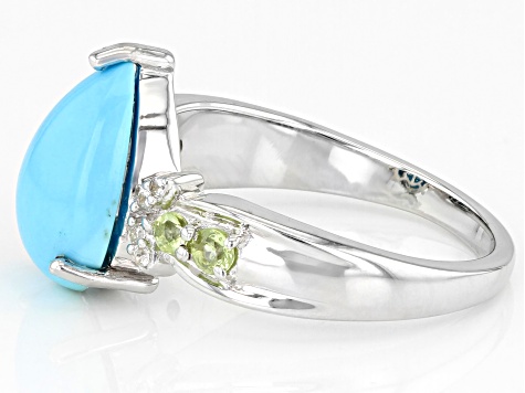 Sleeping Beauty Turquoise, Peridot & White Zircon Rhodium Over Silver Ring .19ctw