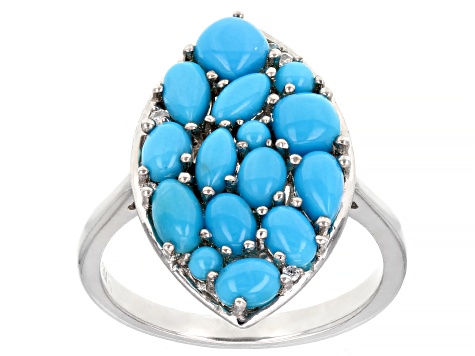 Sleeping Beauty Turquoise With White Zircon Rhodium Over Sterling Silver Cluster Ring .03ctw