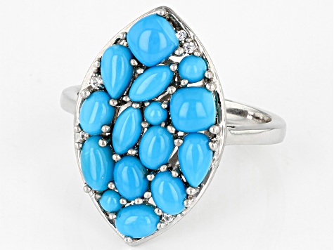 Sleeping Beauty Turquoise With White Zircon Rhodium Over Sterling Silver Cluster Ring .03ctw