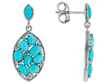 Blue Sleeping Beauty Turquoise with White Zircon Rhodium Over Sterling Silver Earrings