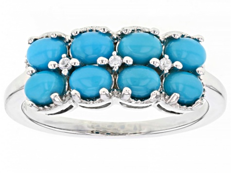 Blue Sleeping Beauty Turquoise With White Zircon Rhodium Over Sterling Silver Ring .03ctw