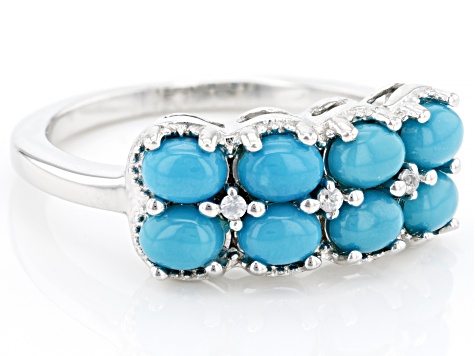 Blue Sleeping Beauty Turquoise With White Zircon Rhodium Over Sterling Silver Ring .03ctw