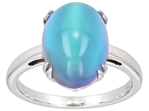 Blue Aurora Moonstone Rhodium Over Sterling Silver Solitaire Ring