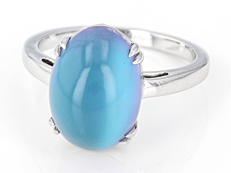 Blue Aurora Moonstone Rhodium Over Sterling Silver Solitaire Ring