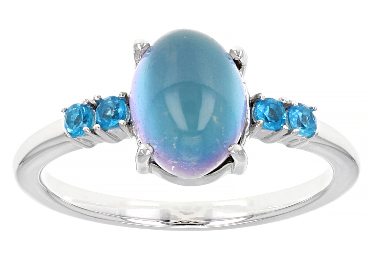 Blue Aurora Moonstone Rhodium Over Sterling Silver Ring