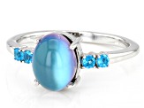Blue Aurora Moonstone Rhodium Over Sterling Silver Ring .13ctw