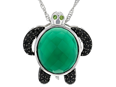 Green Onyx, Chrome Diopside & Black Spinel Black Rhodium Over Silver Turtle Pendant/Chain .54ctw