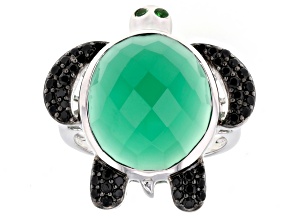 Green Onyx, Chrome Diopside & Black Spinel Rhodium Over Sterling Silver Turtle Ring .54ctw