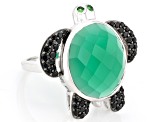 Green Onyx, Chrome Diopside & Black Spinel Rhodium Over Sterling Silver Turtle Ring .54ctw