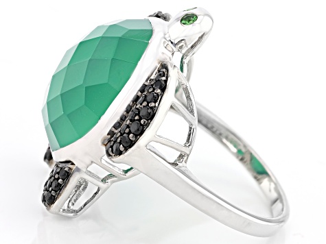 Green Onyx, Chrome Diopside & Black Spinel Rhodium Over Sterling Silver Turtle Ring .54ctw