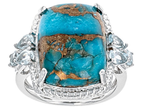 Blue Turquoise with Sky Blue Topaz Rhodium Over Sterling Silver Ring 1.02ctw