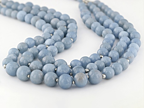 Blue Angelite Rhodium Over Sterling Silver Multi-Strand Beaded Necklace