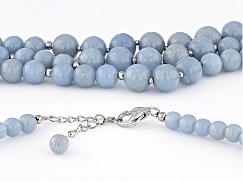 Blue Angelite Rhodium Over Sterling Silver Multi-Strand Beaded Necklace