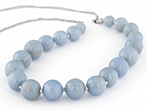 Blue Angelite Rhodium Over Sterling Silver Beaded Necklace