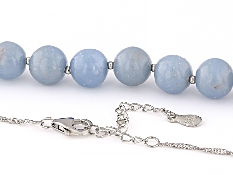 Blue Angelite Rhodium Over Sterling Silver Beaded Necklace