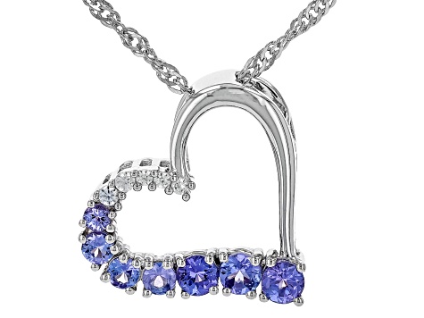 Blue Tanzanite With White Zircon Rhodium Over Sterling Silver Heart Pendant With Chain .63ctw