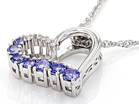 Blue Tanzanite With White Zircon Rhodium Over Sterling Silver Heart Pendant With Chain .63ctw