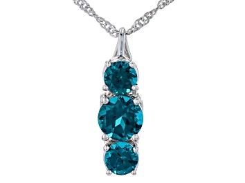 Picture of Teal Lab Created Spinel Rhodium Over Sterling Silver 3-Stone Pendant With Chain 2.52ctw