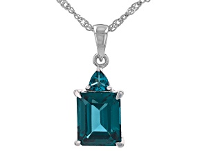 Teal Lab Created Spinel Rhodium Over Sterling Silver Pendant With Chain 3.89ctw