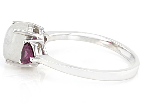 White Rainbow Moonstone With Raspberry Color Rhodolite Rhodium Over Sterling Silver Ring .37ctw
