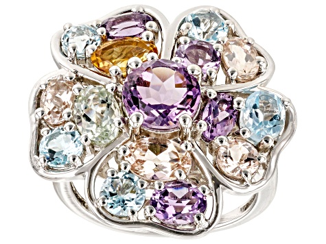 Purple Amethyst With Multi-Gemstone Rhodium Over Sterling Silver Flower Ring 4.89ctw