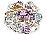 Purple Amethyst With Multi-Gemstone Rhodium Over Sterling Silver Flower Ring 4.89ctw